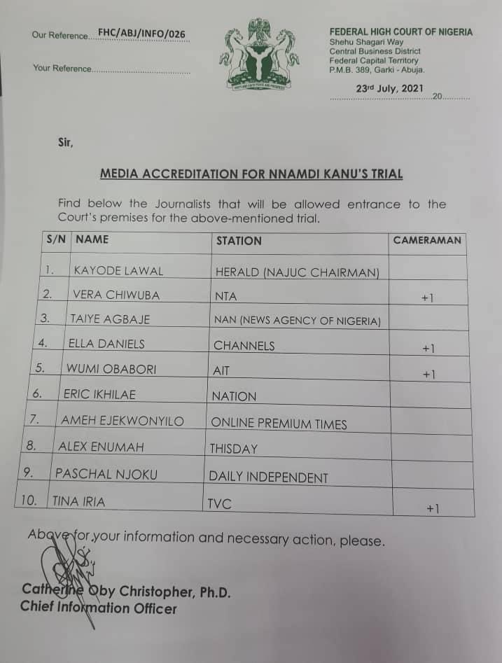 List Of Media Officials and Media Houses Accredited To Cover Nnamdi Kanu’s Trial