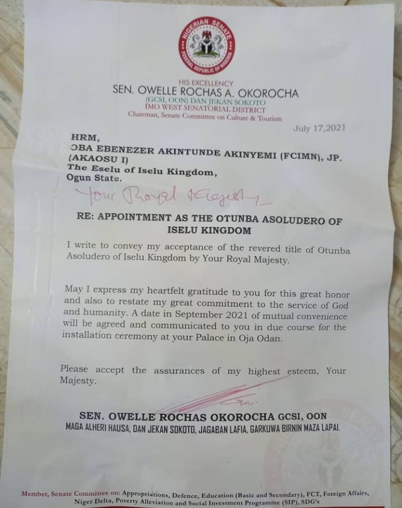 Otunba Asoludero Of Iselu: Rochas Okorocha Bags Chieftaincy Title In Ogun State