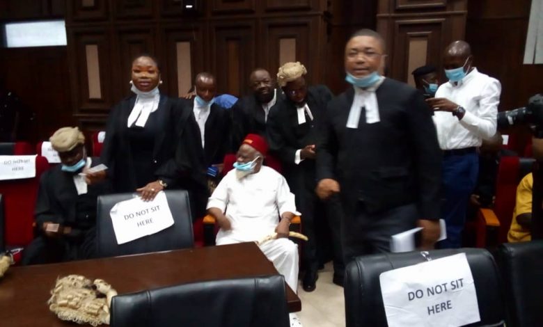 Ex-Anambra Governor Storms High Court for Nnamdi Kanu’s Trial (Photos)