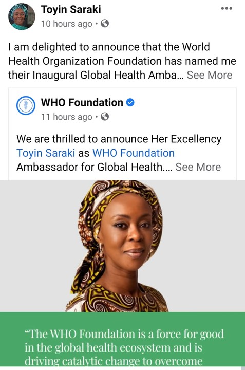 Toyin Saraki Appointed As WHO Foundation Ambassador For Global Health -  9jaflaver