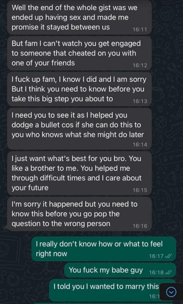 Man Confesses To His Best Friend Before His Wedding Says He Slept With His Wife To Be And Cant Watch Him Marry The Wrong Person4
