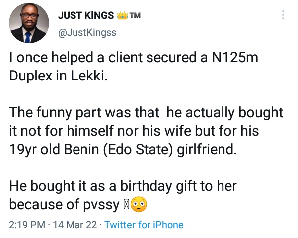 Man Bought ₦125M Duplex In Lekki For His 19YearOld Side