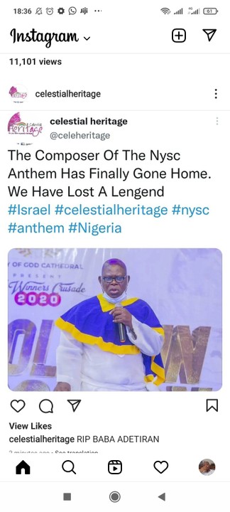 CmaTrends  Oluwole Adetiran Is Dead! NYSC Anthem Composer Dies At 75  « CmaTrends 15380570 screenshot20220506183610929com instagram android jpegde5aca9e52f71c93416e539b11f5f91e